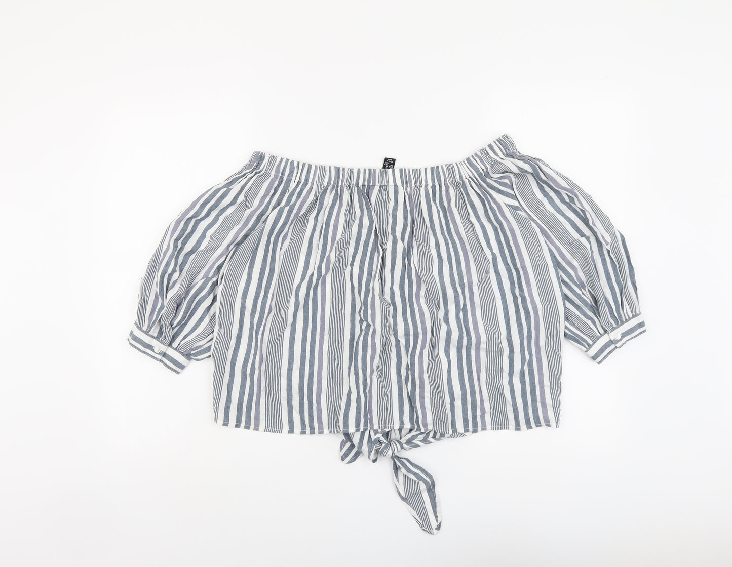 New Look Womens Grey Striped Viscose Basic Blouse Size 14 Off the Shoulder - Knot Front