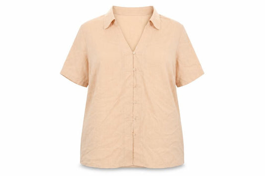 Front view of Marks & Spencer women’s orange viscose basic button-up, size UK 18, collared