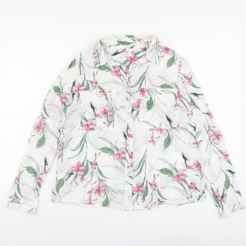 Classic Womens White Floral Cotton Basic Button-Up Size 12 Collared