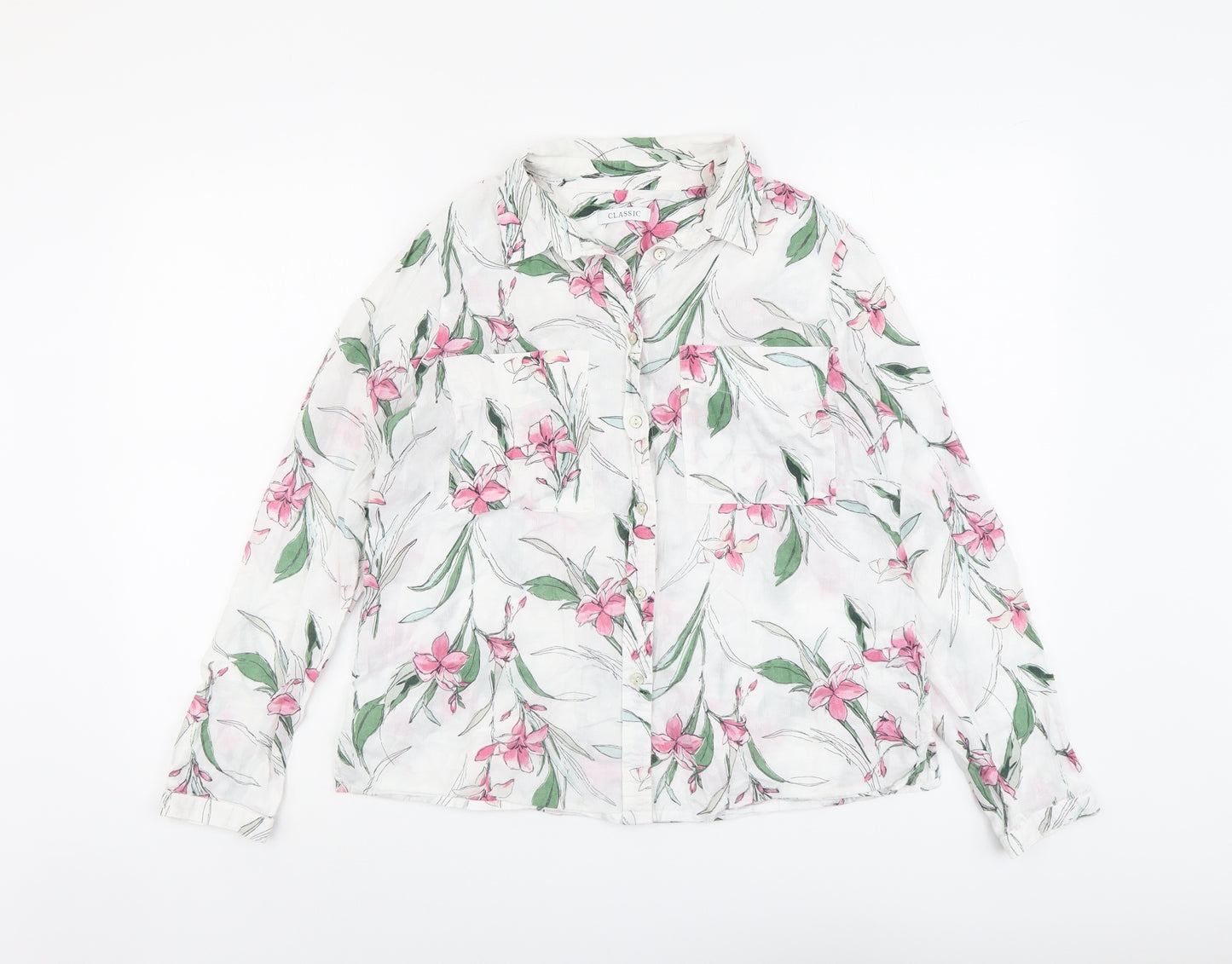 Classic Womens White Floral Cotton Basic Button-Up Size 12 Collared