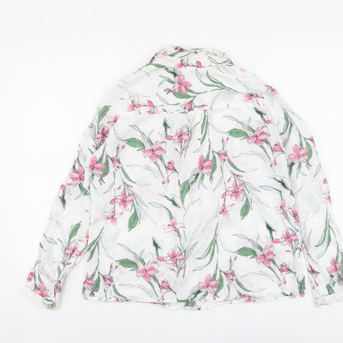 Classic Womens White Floral Cotton Basic Button-Up Size 12 Collared