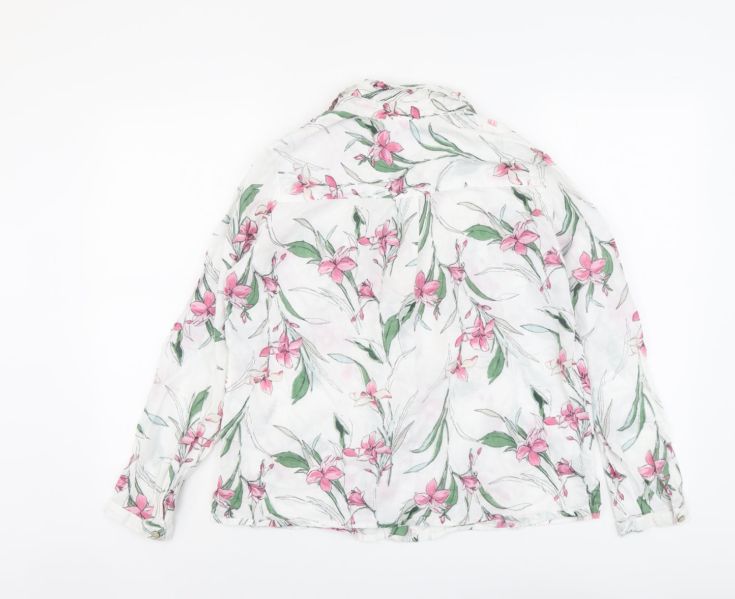 Classic Womens White Floral Cotton Basic Button-Up Size 12 Collared