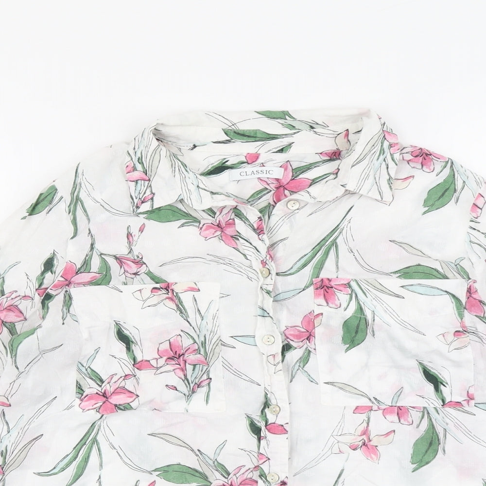 Classic Womens White Floral Cotton Basic Button-Up Size 12 Collared