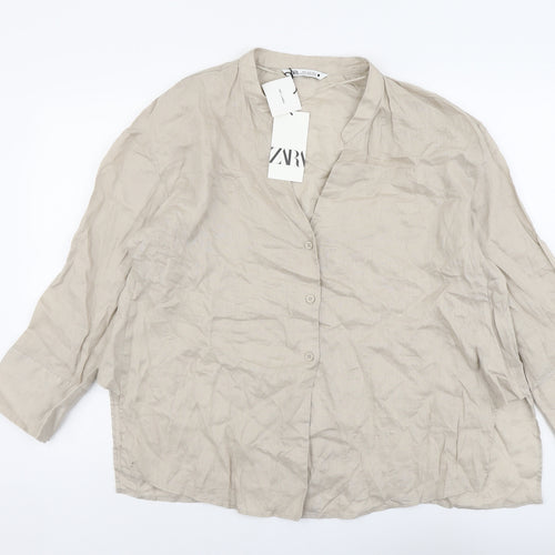 Zara Womens Beige Linen Basic Button-Up Size XL V-Neck