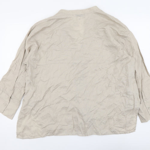 Zara Womens Beige Linen Basic Button-Up Size XL V-Neck