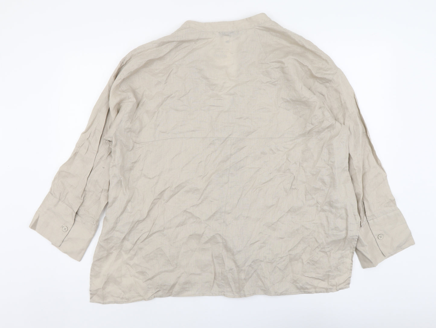 Zara Womens Beige Linen Basic Button-Up Size XL V-Neck