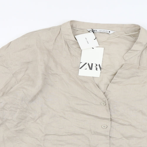 Zara Womens Beige Linen Basic Button-Up Size XL V-Neck
