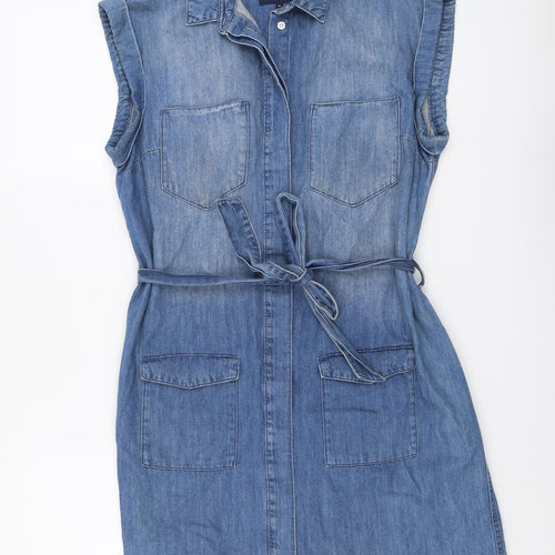 NEXT Womens Blue Cotton Shirt Dress Size 14 Collared Button