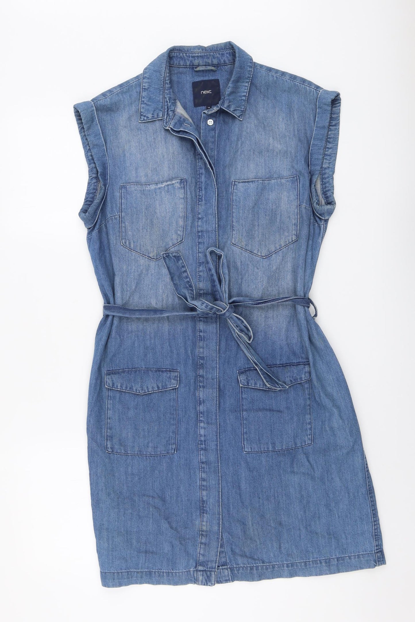 NEXT Womens Blue Cotton Shirt Dress Size 14 Collared Button