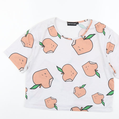 PRETTYLITTLETHING Womens White Geometric Polyester Basic T-Shirt Size S Round Neck - Apple Print