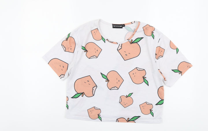 PRETTYLITTLETHING Womens White Geometric Polyester Basic T-Shirt Size S Round Neck - Apple Print