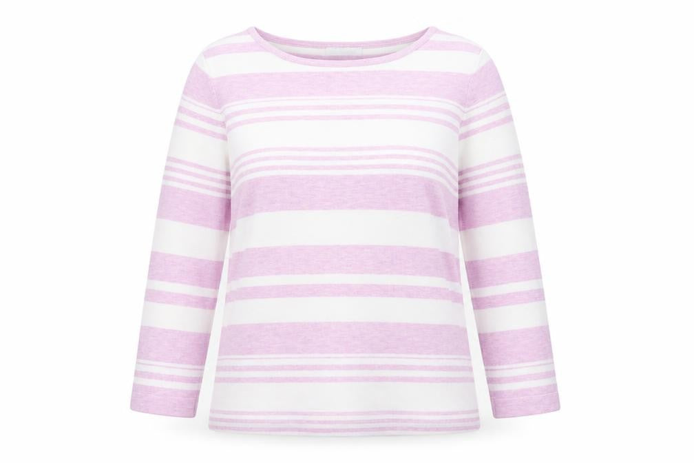 Front view of Berkertex women’s purple round neck striped viscose jumper, size UK 14
