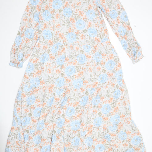 Warehouse Womens White Floral Viscose Maxi Size 12 V-Neck Button