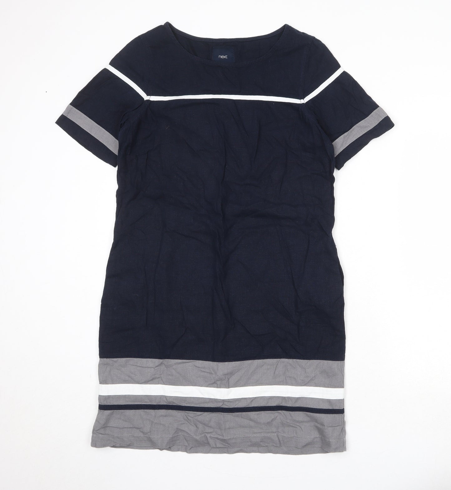 NEXT Womens Blue Colourblock Linen A-Line Size 10 Round Neck Pullover