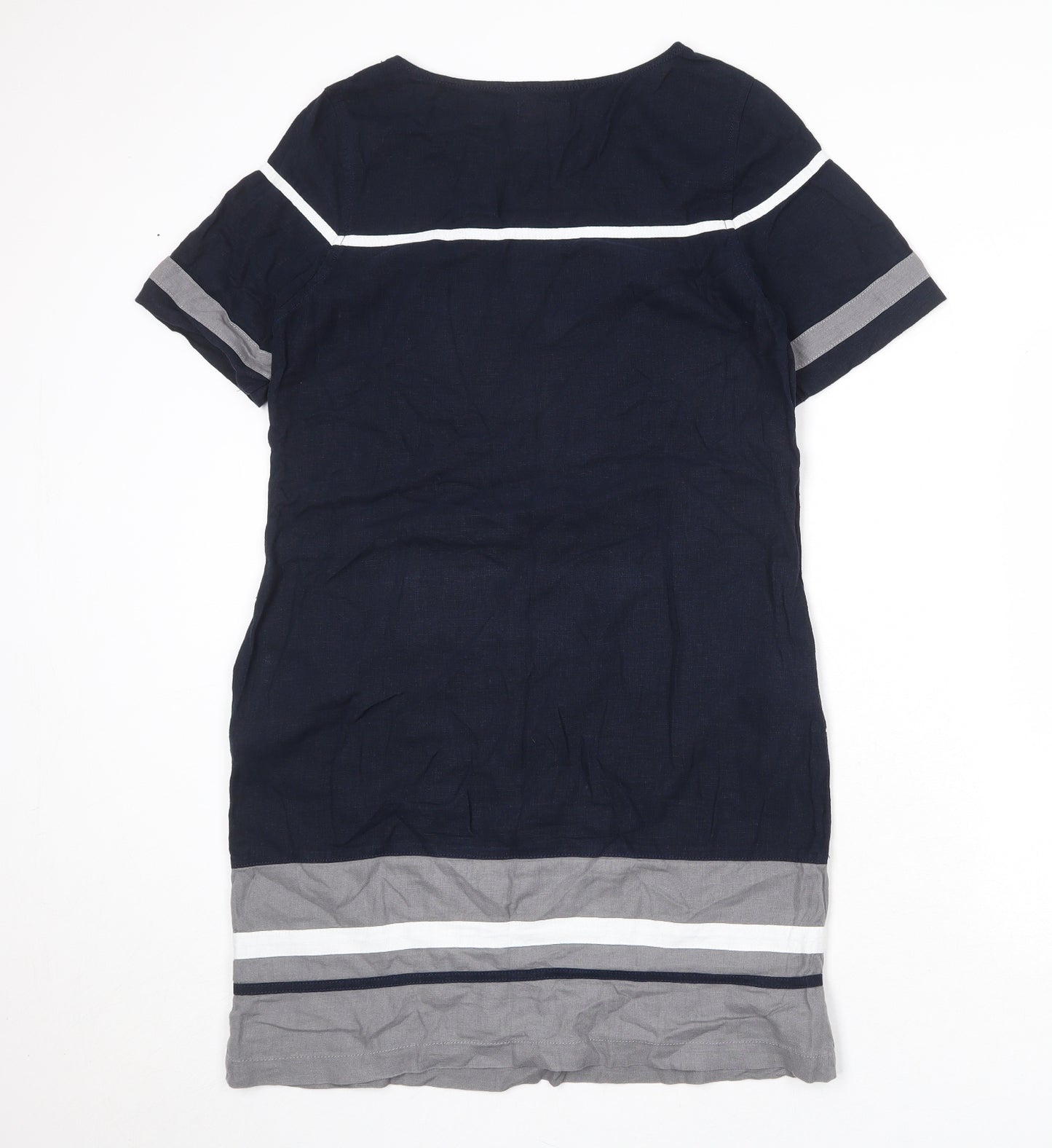 NEXT Womens Blue Colourblock Linen A-Line Size 10 Round Neck Pullover