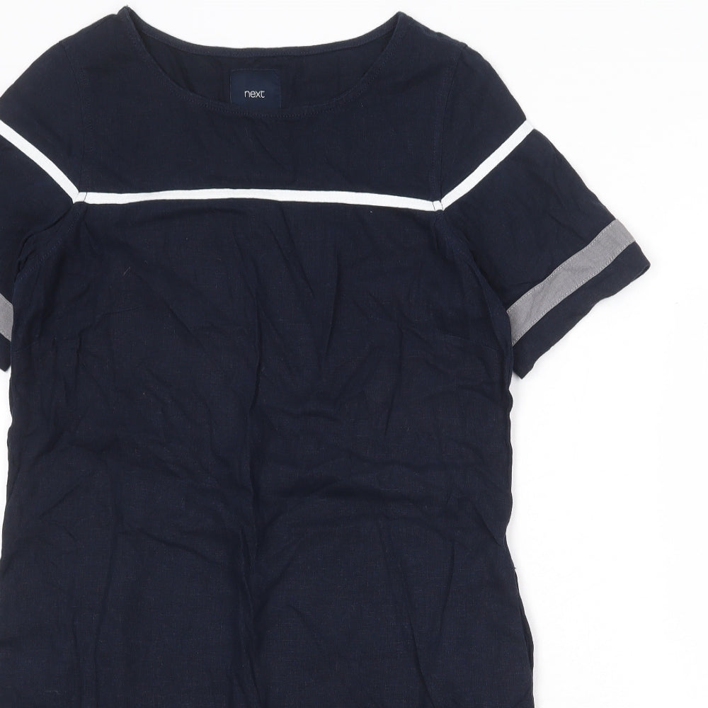 NEXT Womens Blue Colourblock Linen A-Line Size 10 Round Neck Pullover