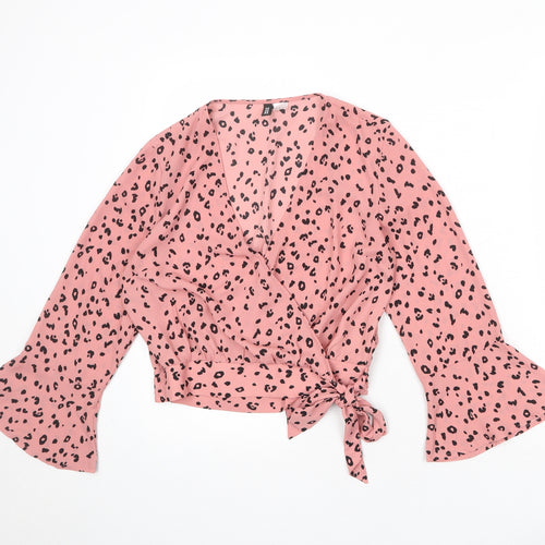 Divided by H&M Womens Pink Animal Print Polyester Wrap Blouse Size 10 V-Neck - Leopard Print