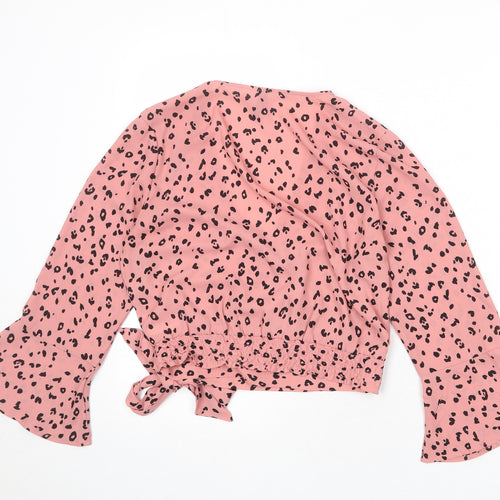 Divided by H&M Womens Pink Animal Print Polyester Wrap Blouse Size 10 V-Neck - Leopard Print