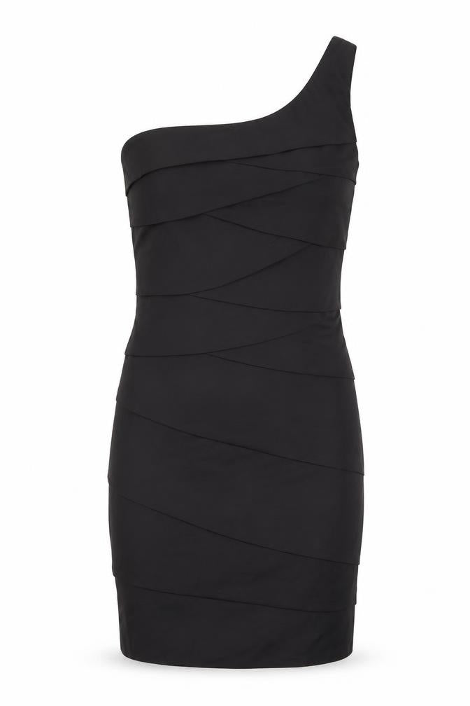 Front view of Max And Cleo women’s black polyester bodycon, size L, one shoulder zip