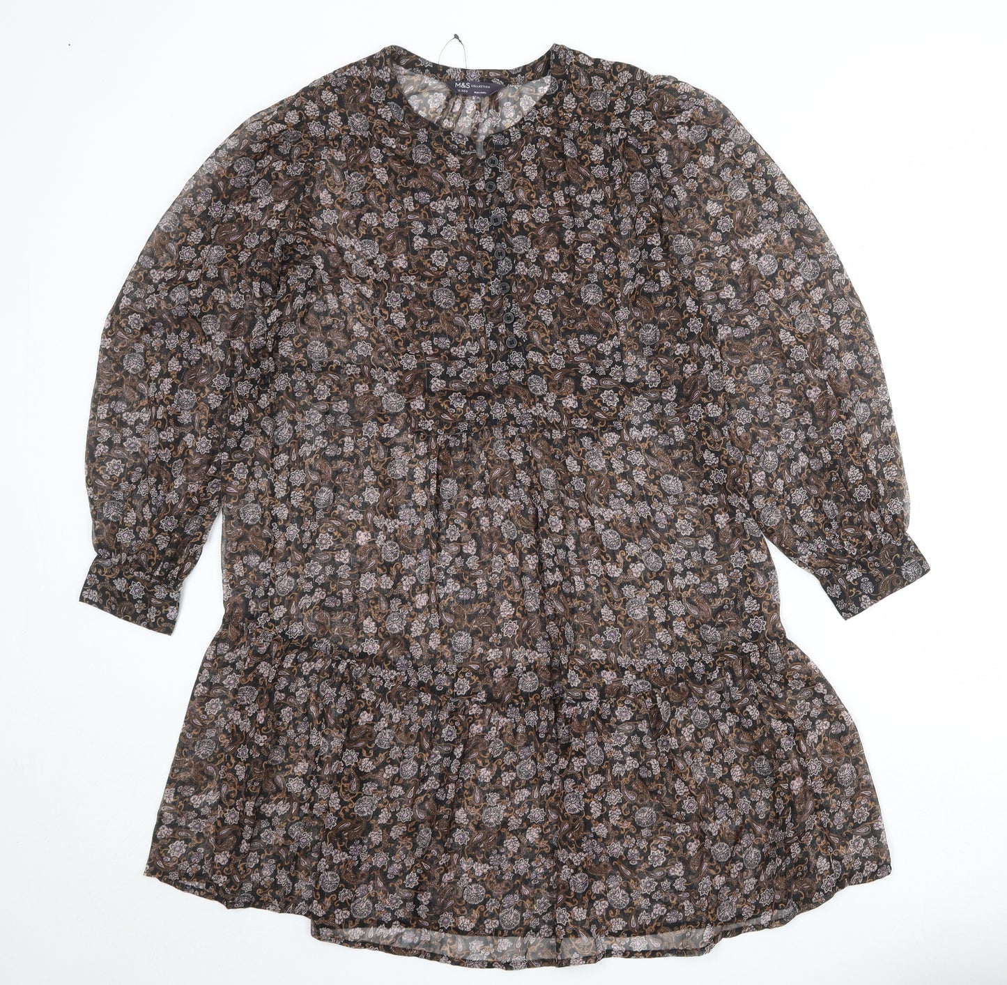 Marks and Spencer Womens Multicoloured Floral Polyester A-Line Size 12 Round Neck Button