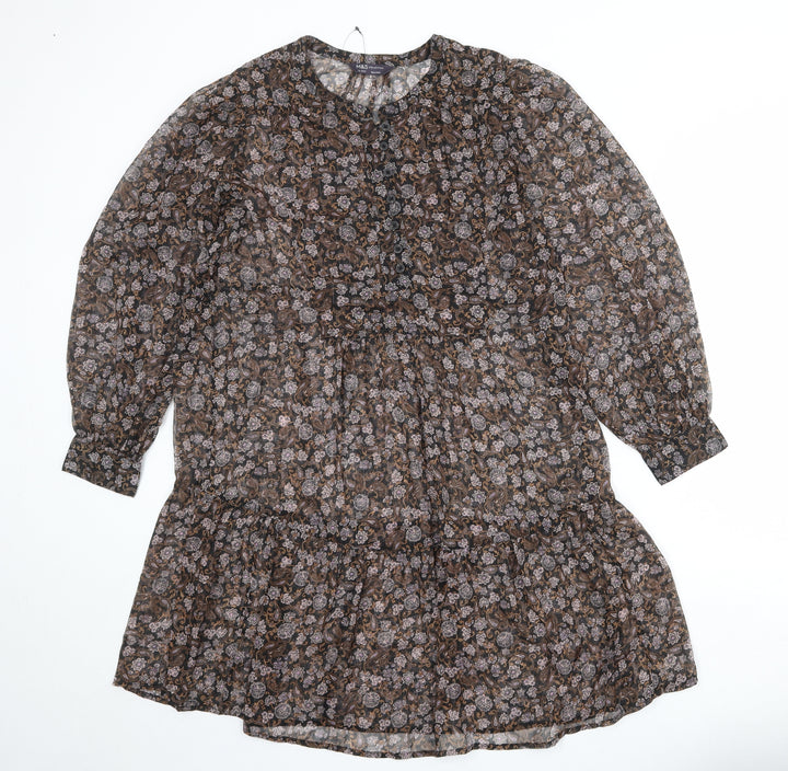 Marks and Spencer Womens Multicoloured Floral Polyester A-Line Size 12 Round Neck Button