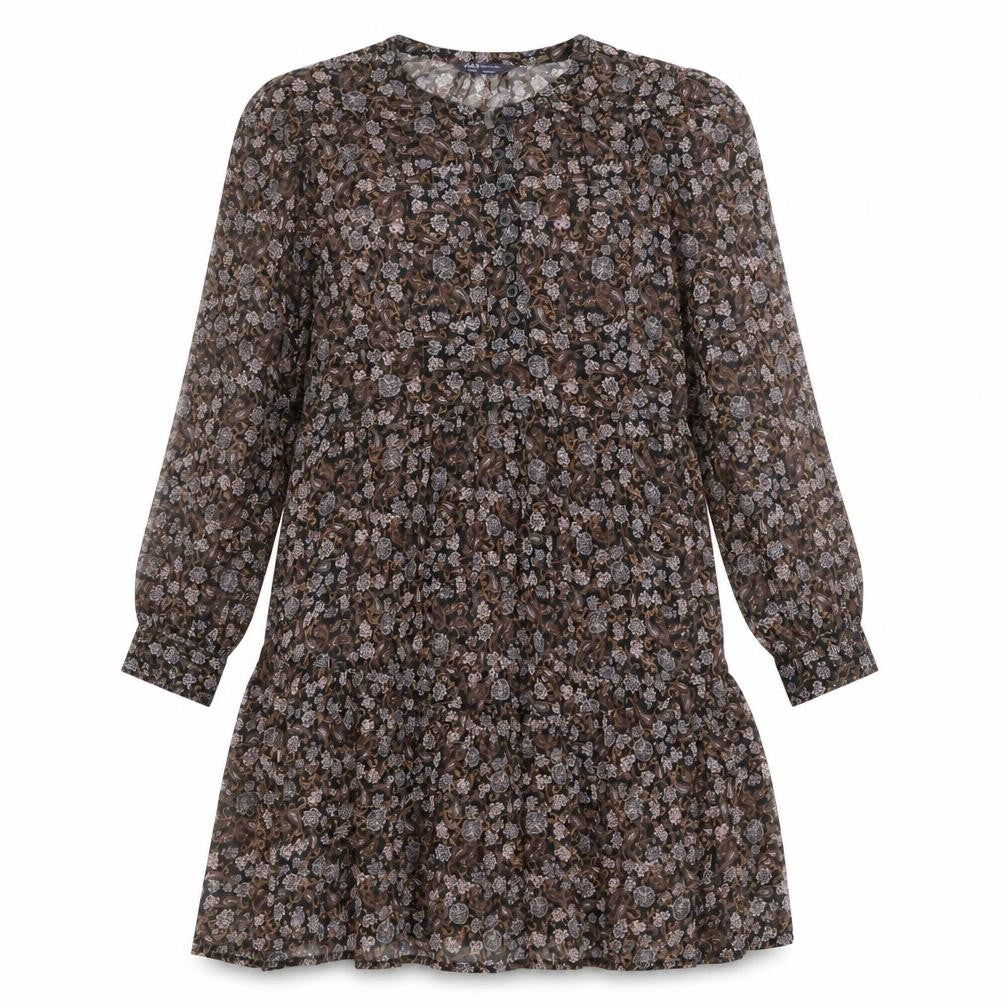 Front view of Marks & Spencer women’s multicoloured floral polyester a-line, size UK 12, round neck button
