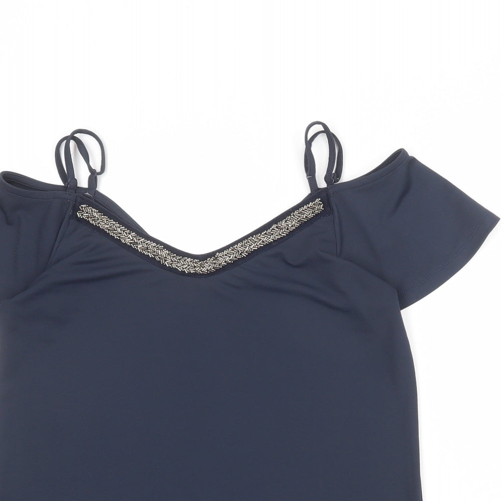 NEXT Womens Blue Polyester Basic Blouse Size 8 V-Neck - Cold Shoulder