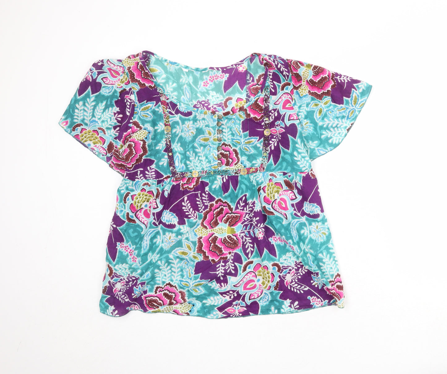 BHS Womens Multicoloured Geometric 100% Cotton Basic Blouse Size 18 Round Neck