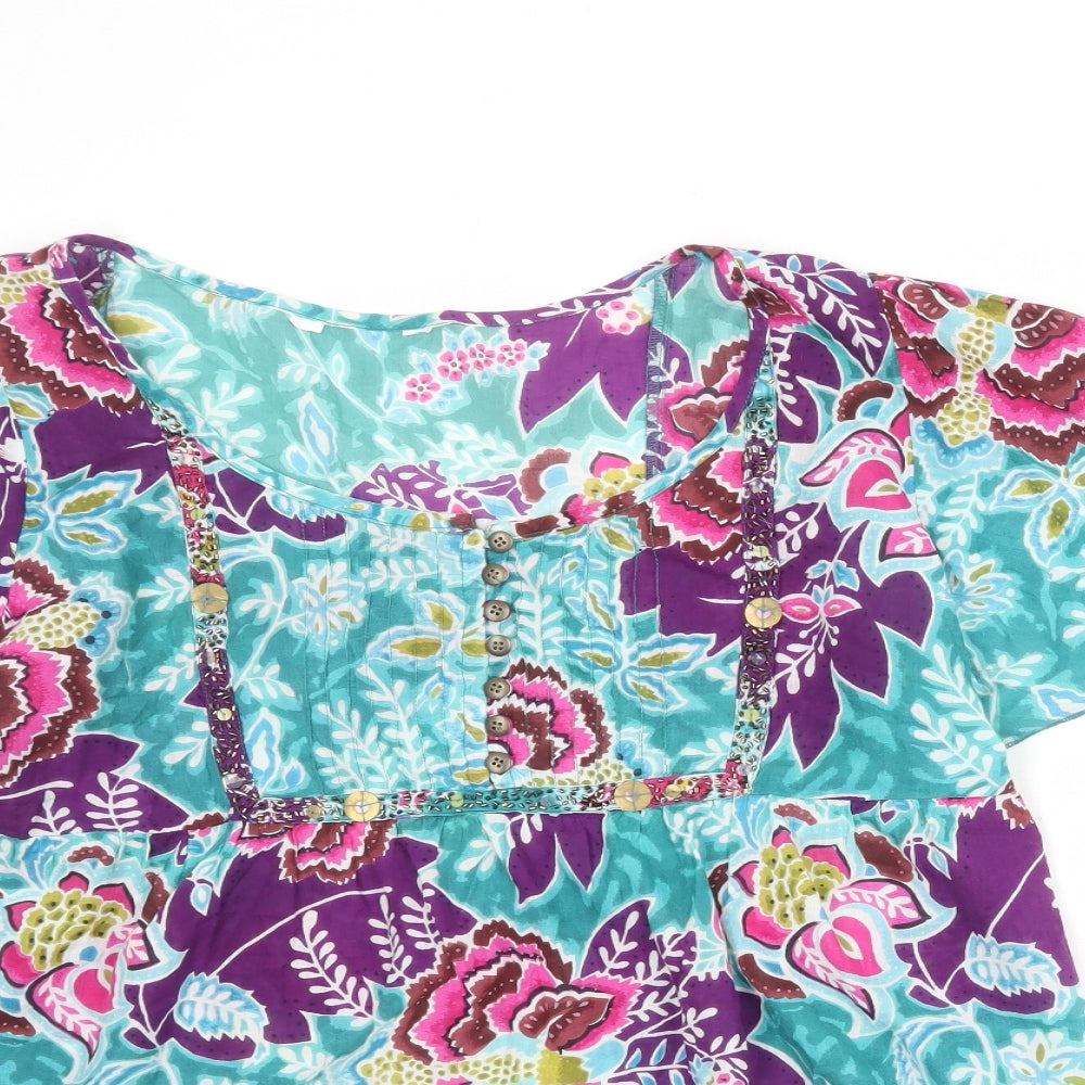 BHS Womens Multicoloured Geometric 100% Cotton Basic Blouse Size 18 Round Neck