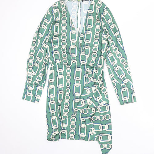 Zara Womens Green Geometric Polyester A-Line Size XS V-Neck Zip