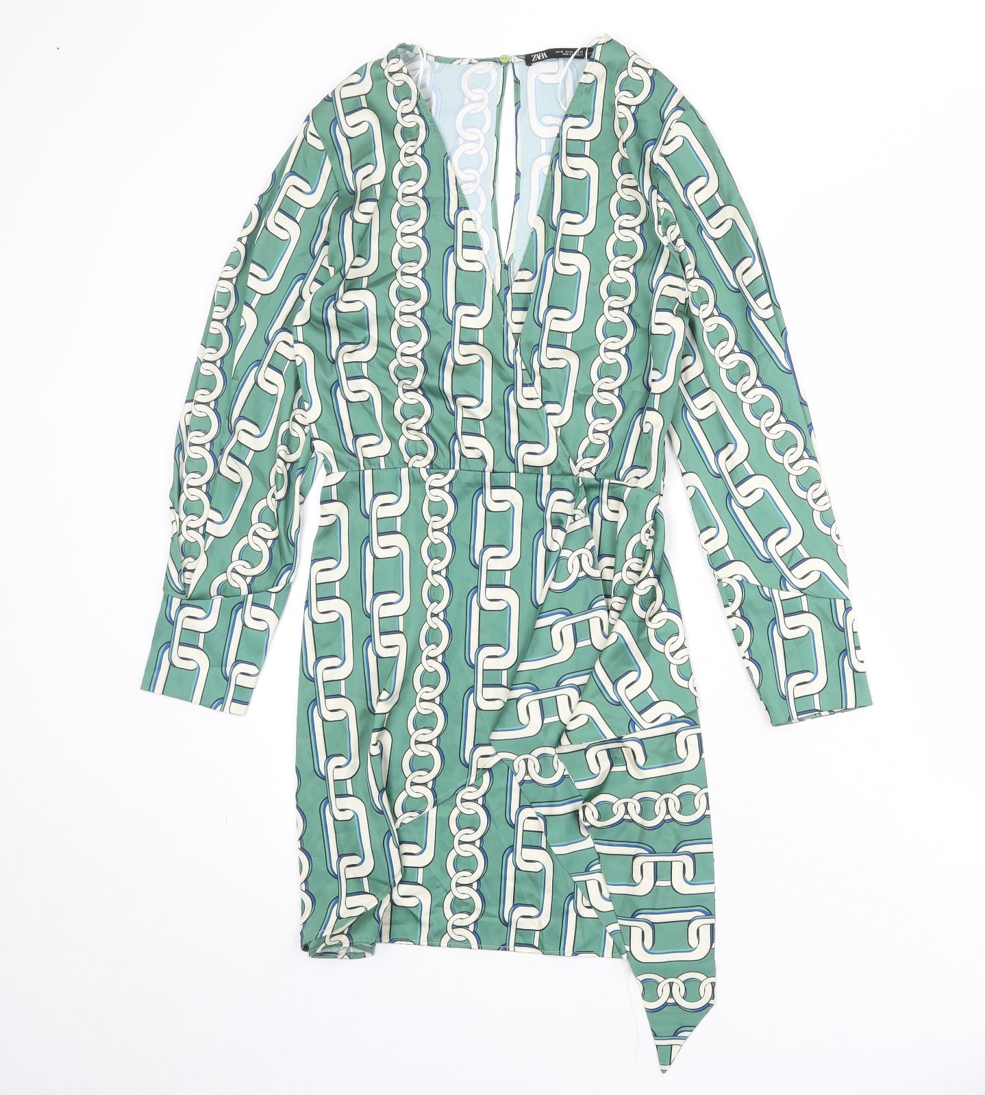 Zara Womens Green Geometric Polyester A-Line Size XS V-Neck Zip