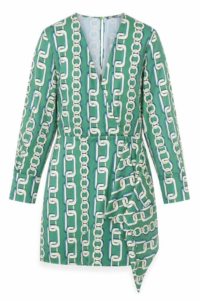 Front view of Zara women’s green geometric polyester a-line, size XS, v-neck zip