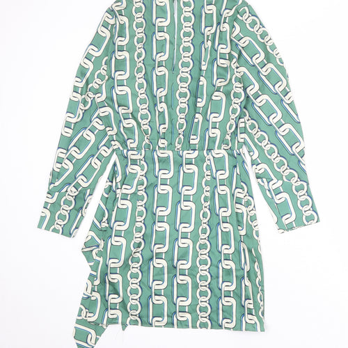 Zara Womens Green Geometric Polyester A-Line Size XS V-Neck Zip