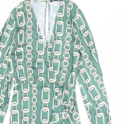 Zara Womens Green Geometric Polyester A-Line Size XS V-Neck Zip