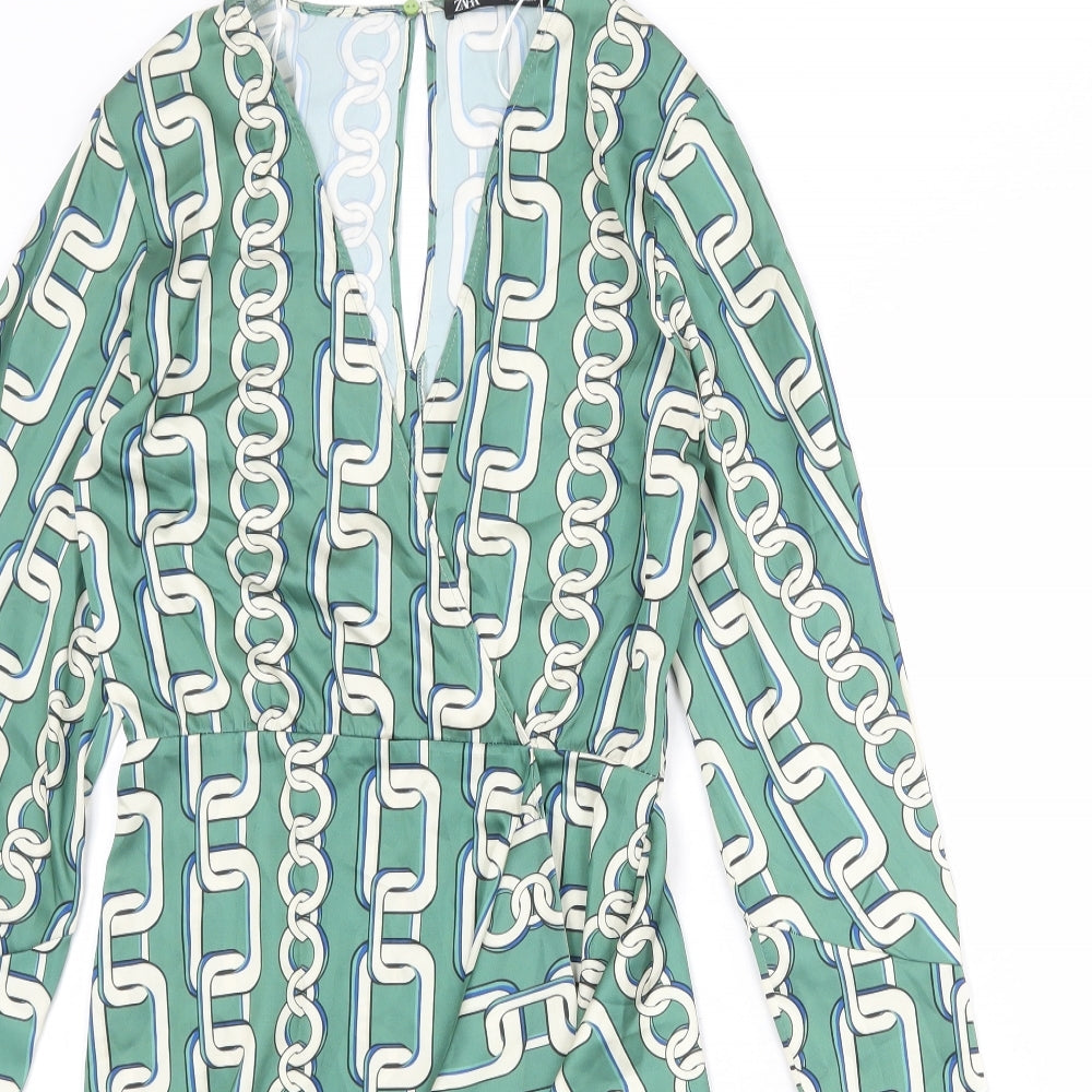 Zara Womens Green Geometric Polyester A-Line Size XS V-Neck Zip