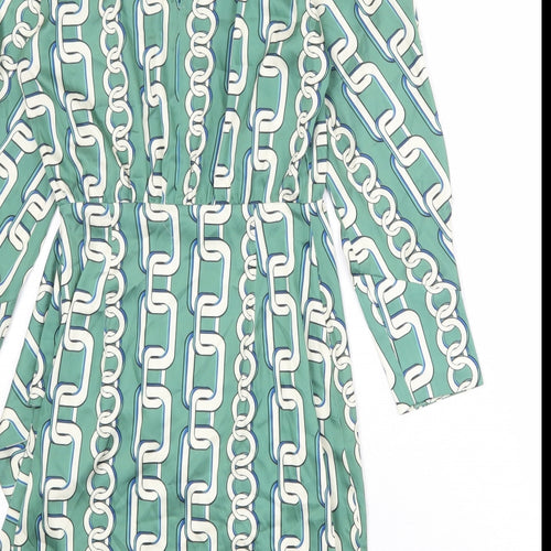 Zara Womens Green Geometric Polyester A-Line Size XS V-Neck Zip