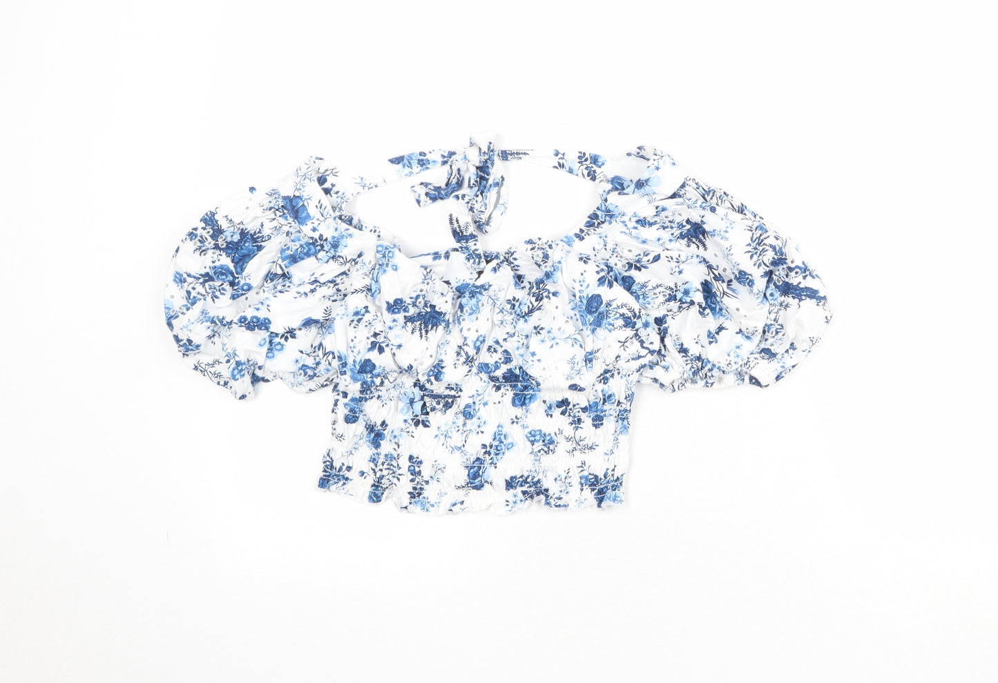 ASOS Womens White Geometric Cotton Cropped Blouse Size 12 Round Neck