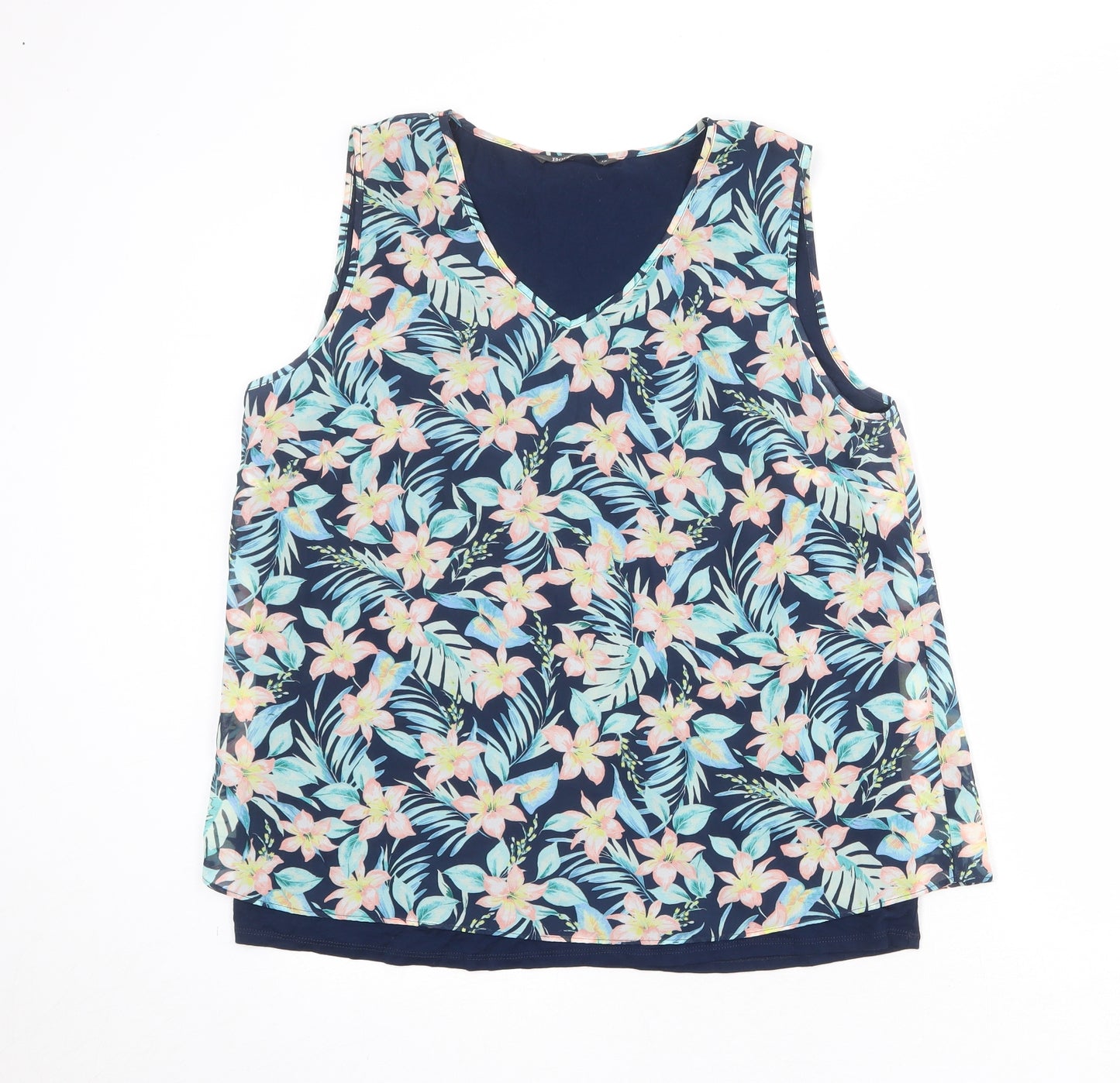 Bonmarché Womens Blue Floral Polyester Basic Tank Size 16 V-Neck