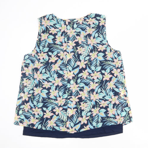 Bonmarché Womens Blue Floral Polyester Basic Tank Size 16 V-Neck
