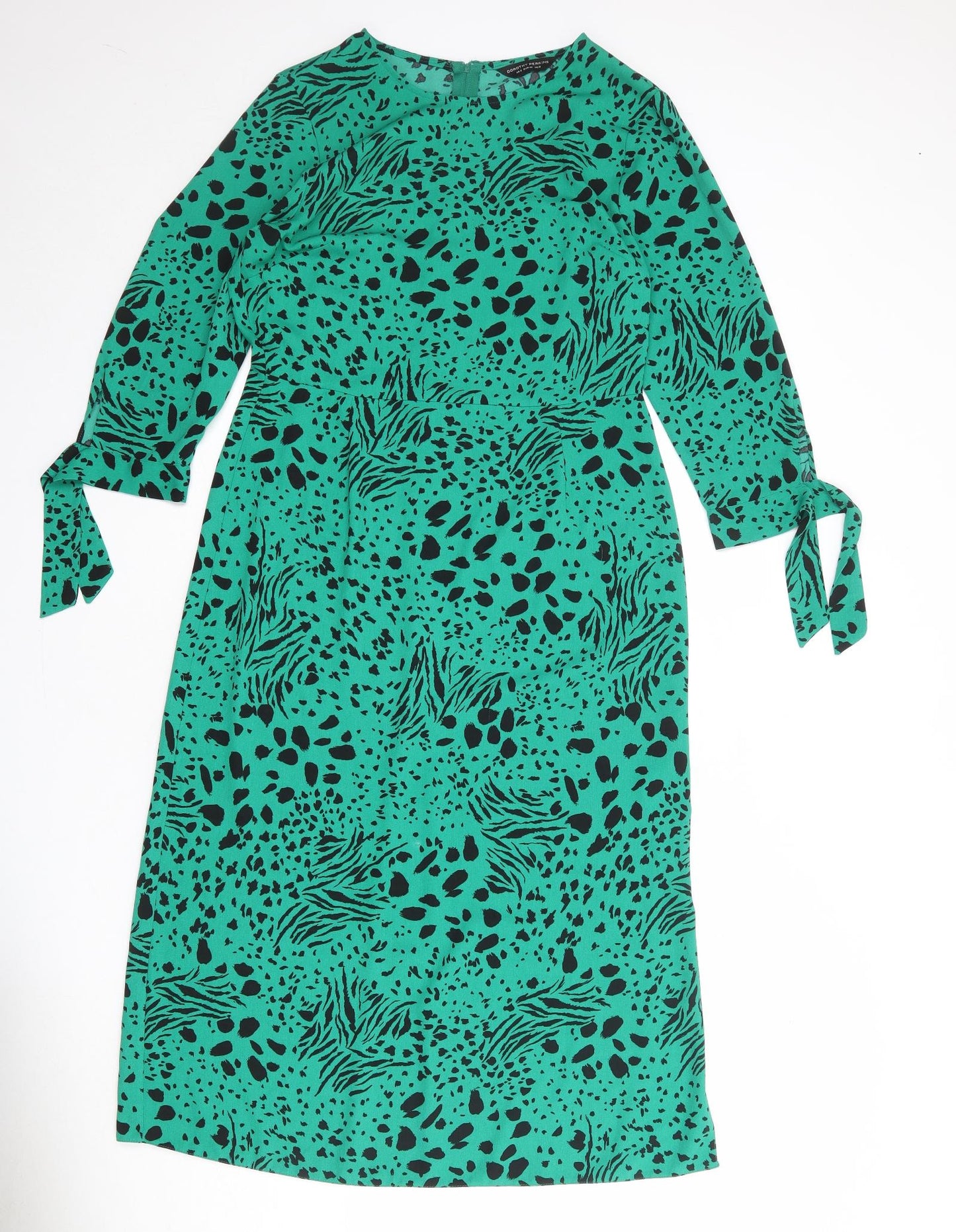 Dorothy Perkins Womens Green Animal Print Polyester A-Line Size 12 Round Neck Zip - Tiger Leopard Cheetah Pattern