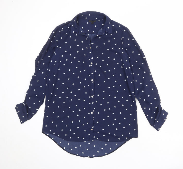 River Island Womens Blue Geometric Polyester Basic Button-Up Size 8 Collared - Heart Print