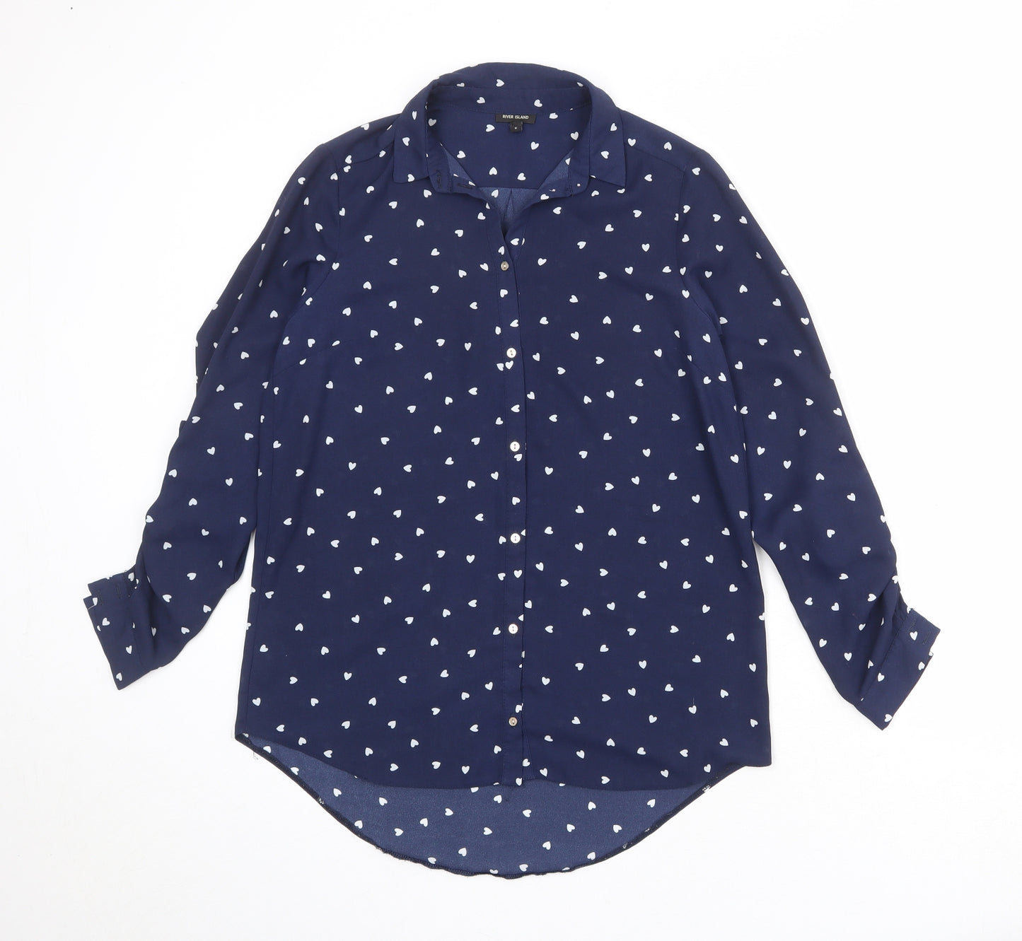 River Island Womens Blue Geometric Polyester Basic Button-Up Size 8 Collared - Heart Print
