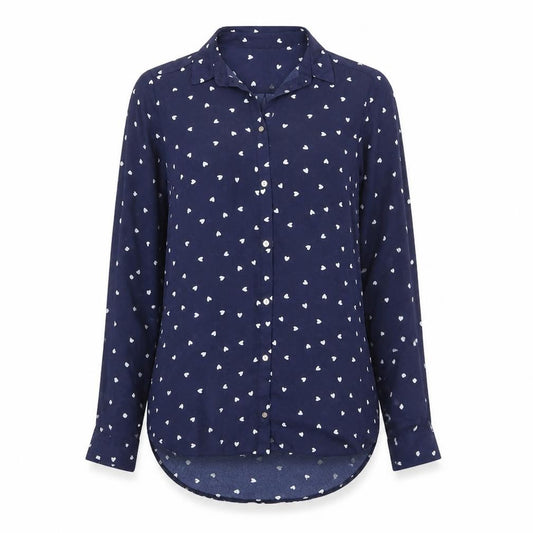 Front view of River Island women’s blue geometric polyester basic button-up, size UK 8, collared - heart print