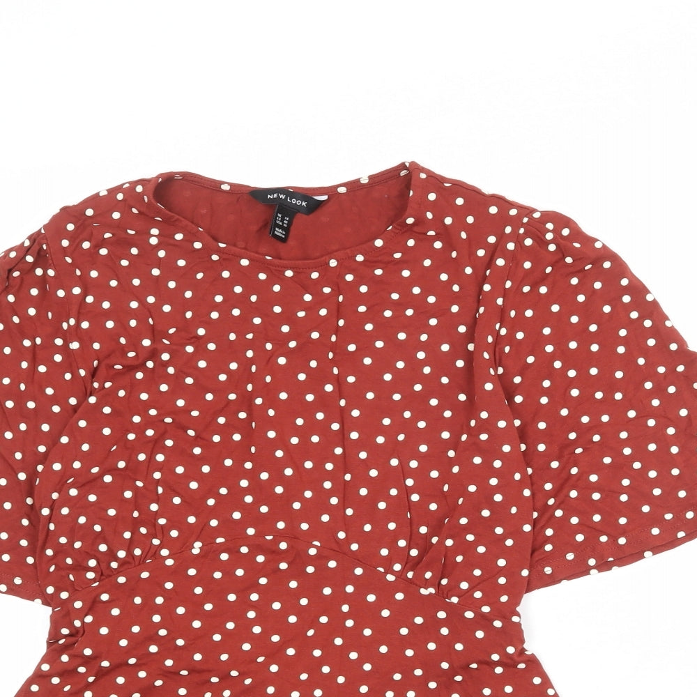 New Look Womens Red Polka Dot Viscose Basic Blouse Size 14 Round Neck