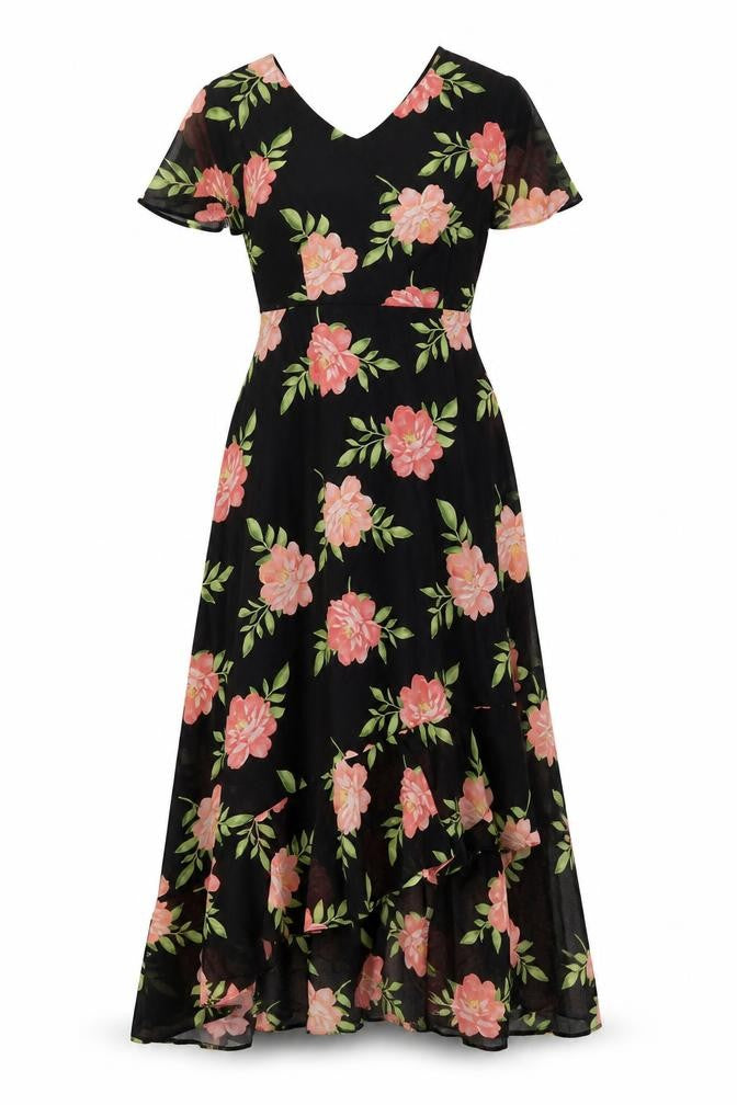 Dorothy Perkins Womens Black Floral Polyester Maxi Size 6 Round Neck Zip