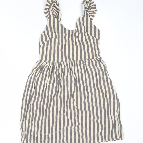 QED London Womens Beige Striped Rayon Tank Dress Size 8 V-Neck Tie