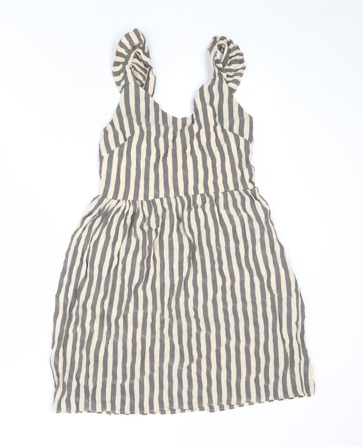 QED London Womens Beige Striped Rayon Tank Dress Size 8 V-Neck Tie