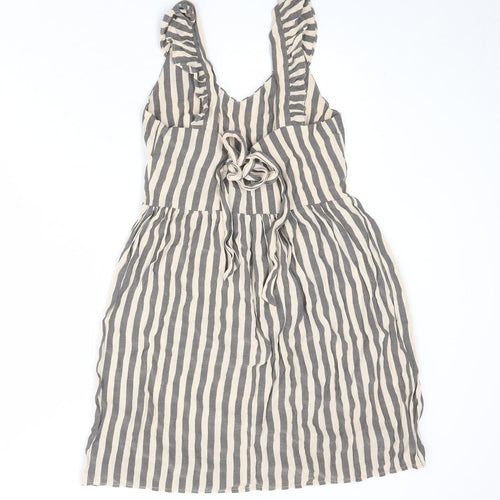 QED London Womens Beige Striped Rayon Tank Dress Size 8 V-Neck Tie