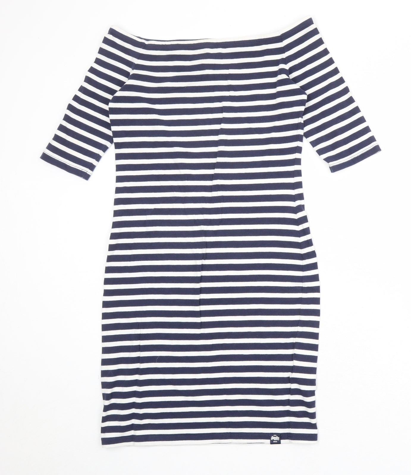 Superdry Womens Blue Striped Cotton Bodycon Size L Off the Shoulder Pullover