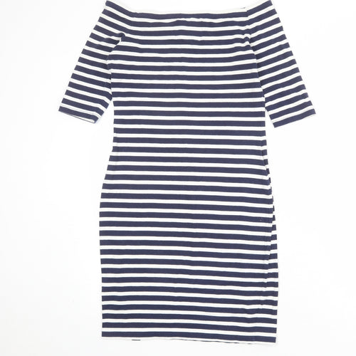 Superdry Womens Blue Striped Cotton Bodycon Size L Off the Shoulder Pullover